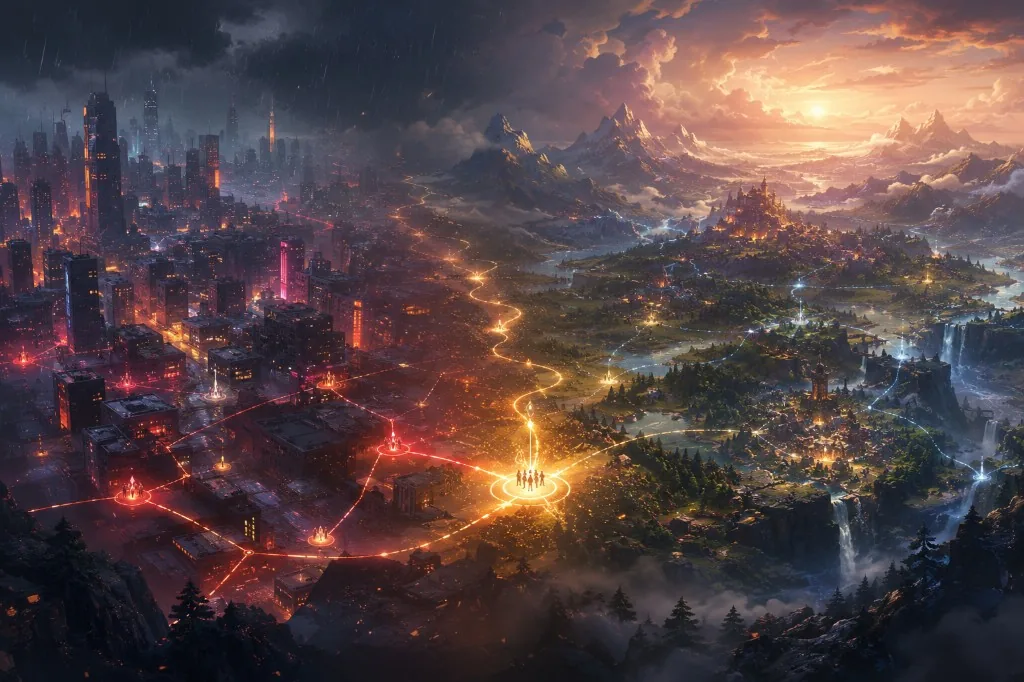 Concept artwork connecting an urban strategy environment with an evolving simulated fantasy world.