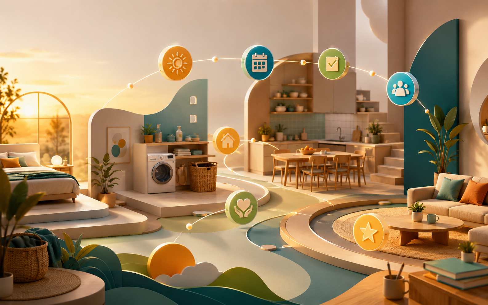 Key art of a stylized household interior with connected routine symbols above living spaces.