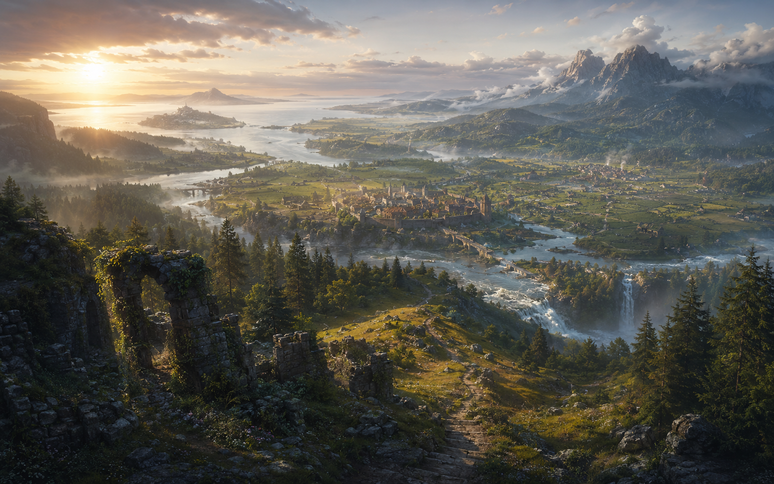 Concept art of a sunlit fantasy valley with a river city, ruins, and distant mountains.