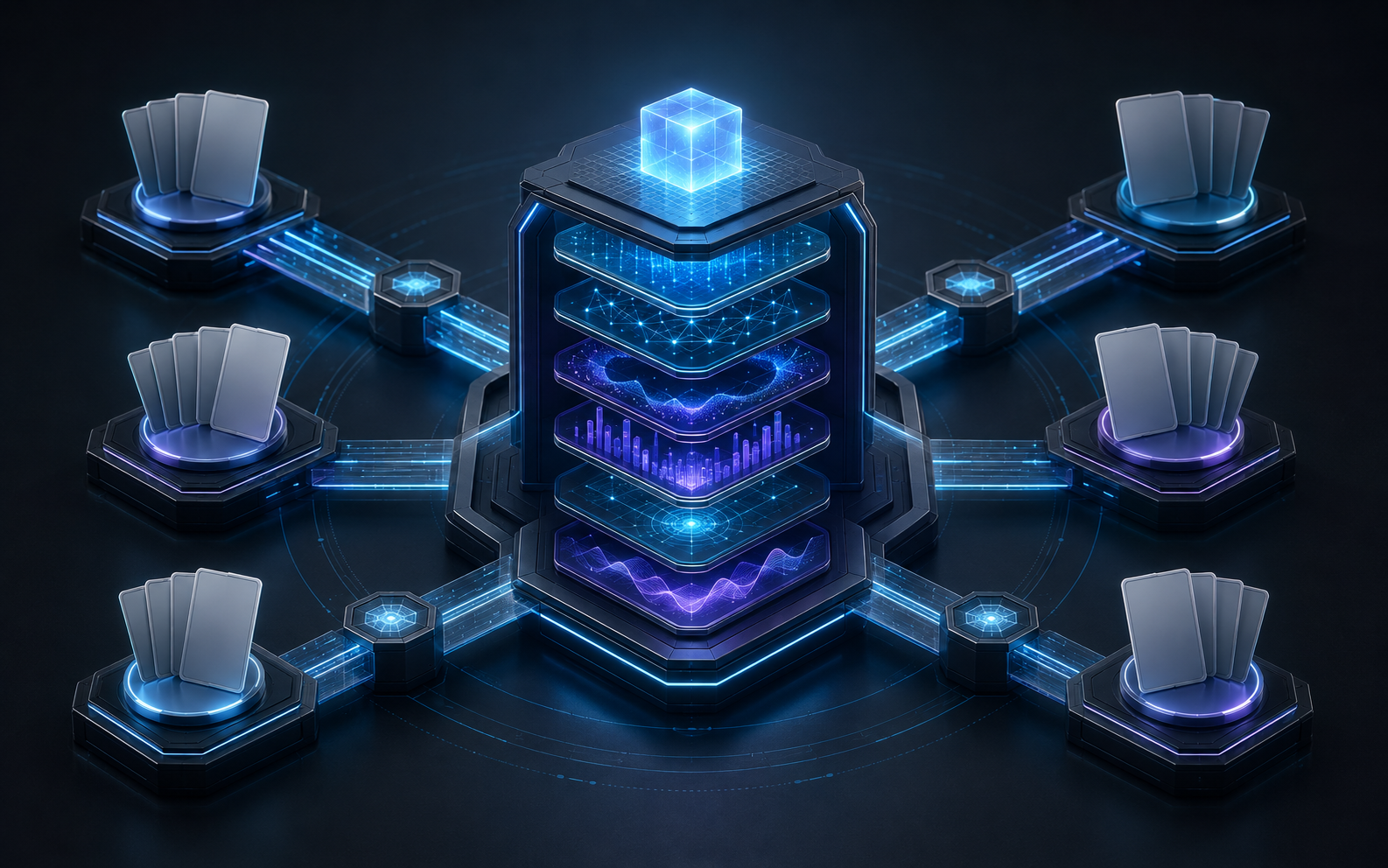 Concept visualization of a central intelligence core connected to surrounding blank-card nodes.
